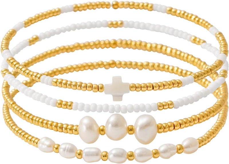 Pymach Store Dainty Gold Plated Pearl Crystal Beaded Bracelets Set for Women 14K Gold Plated Bead Pearl Beads Bracelet Stackable Paperclip Link Chain Bracelets Gold Plated Bracelets for Women Trendy Jewelry - Image 1